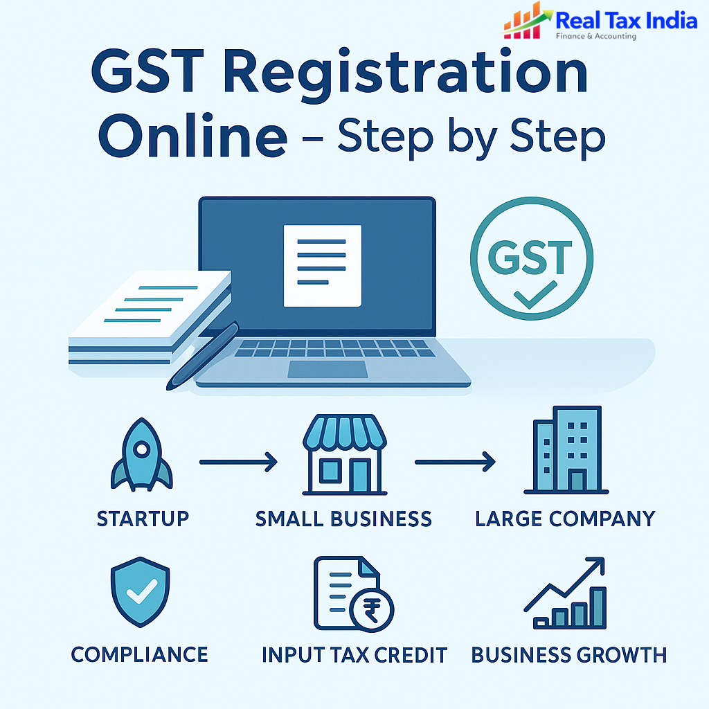 Illustrated infographic for GT Registration Helpline We provide you step by step procedure or guide on how to register. A laptop, files and a GST approval stamp is digital registration. Flow from startup to small company to big company illustrates ability to scale. Compliance shield, input tax credit document, and business growth chart highlight GST advantages for Indian companies, startups, and people starting their business.