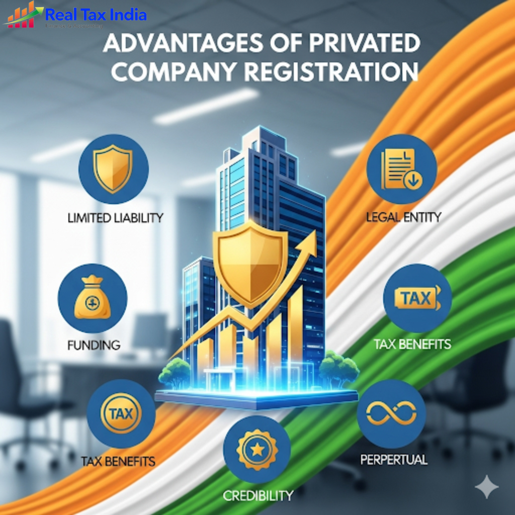 An inforgraphic on the benefits of registering a Pvt Ltd Company. In the middle of the design, a bright high-rise building with a fig-leaf-covered gold shield (representing protection) and an upward-directed arrow (growth) stands out. The surrounding icons portray many of the benefits; the shield indicates Limited Liability, the document represents Legal Entity, the bag of money depicts Funding the Tax symbols for Tax Benefits, the star badge signifies Credibility and the infinity loop is for Perpetual existence. With a smooth and professional appearance, office interior and a colorful abstracty Indian waveFlag good a trustworthy look the design includes an office interior incorporated in an abstract tricolor wave style.flag executed in an abstract, contemporary style and suggesting sky and clouds in background. Title text is “Advantages of Privated Company Registration” with Real Tax India Logo on the top.