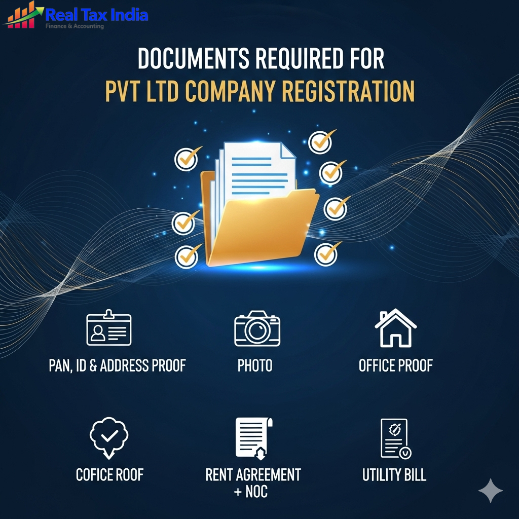 The infographic “Checklist for Pvt Ltd Company Registration” has a contemporary layout, and includes a glowing folder as well as a list of icons, all set in a corporate blue, gold, and white colour scheme. Icons surrounding the center folder represents: 👤 ID Card (PAN, ID & Address Proof) 📷 Photo (passport-size) 🏠 Home (Office Proof) 📑 Contract (Rent Agreement + NOC) 💡 Utility Bill A stylish tricolor wave (India) adorns the backdrop, which adds to the professional touch and makes the design reliable.