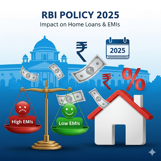 102
Words
Mode:
RBI Policy impact on home loan and EMI: Infographic 2025. Home with percentage symbol, balance with High EMIs (sad face-red), Low EMIs (happy face-green), rupee and money icons, calendar with date as 2025, silhoutte of RBI building in background.

