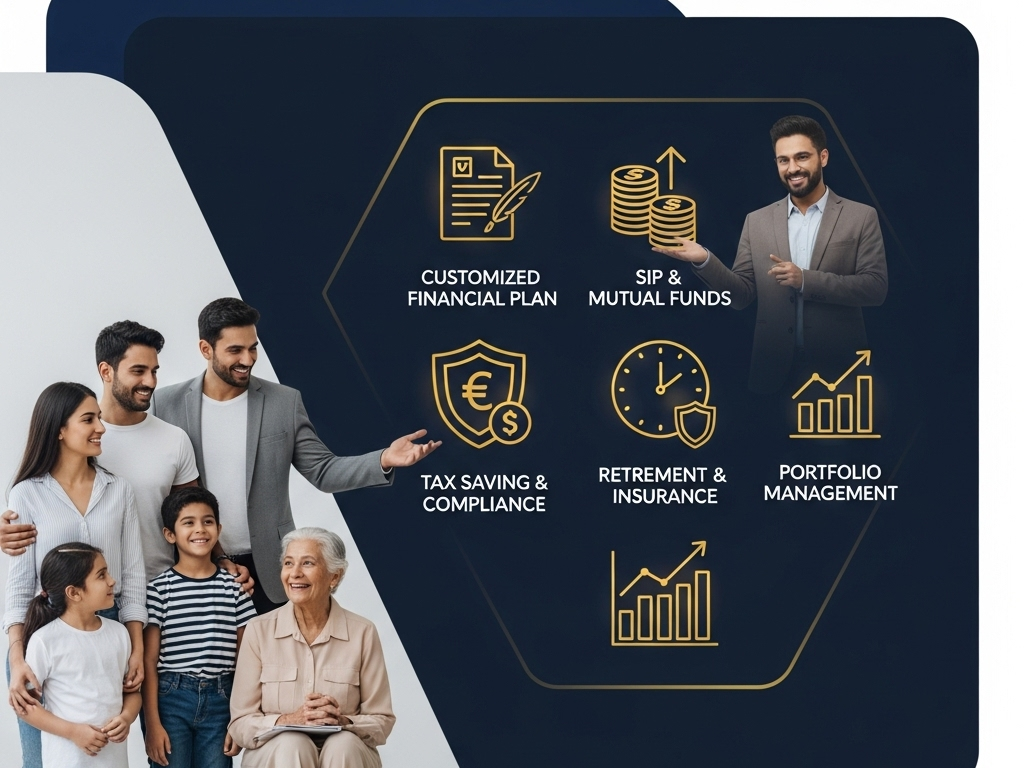 "Promotional graphic for Real Tax India showing a smiling advisor and family, alongside icons for financial services: Customized Financial Plan, SIP & Mutual Funds, Tax Saving & Compliance, Retirement & Insurance, and Portfolio Management. Design uses navy blue and gold theme for a professional look."