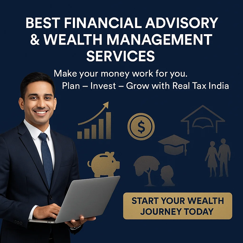 A promotional graphic for wealth management. The background is a gradient from dark blue on the left to black on the right. On the left, in white text, it says "WHY IS WEALTH MANAGEMENT IMPORTANT? Plan your goals - Own a home, secure education, enjoy retirement". A woman in a black suit with a white blouse is standing with her arms crossed, smiling, on the left side of the frame. On the right, a second woman, only visible from the chest up, is seen looking at a tablet, with her hand on the screen. A curved, golden line connects various financial planning icons: a house with a rising graph inside, a car, a padlock, a family, and a graduation cap. At the bottom, a golden banner with rounded corners says "Start Planning with Real Tax India" in black text.