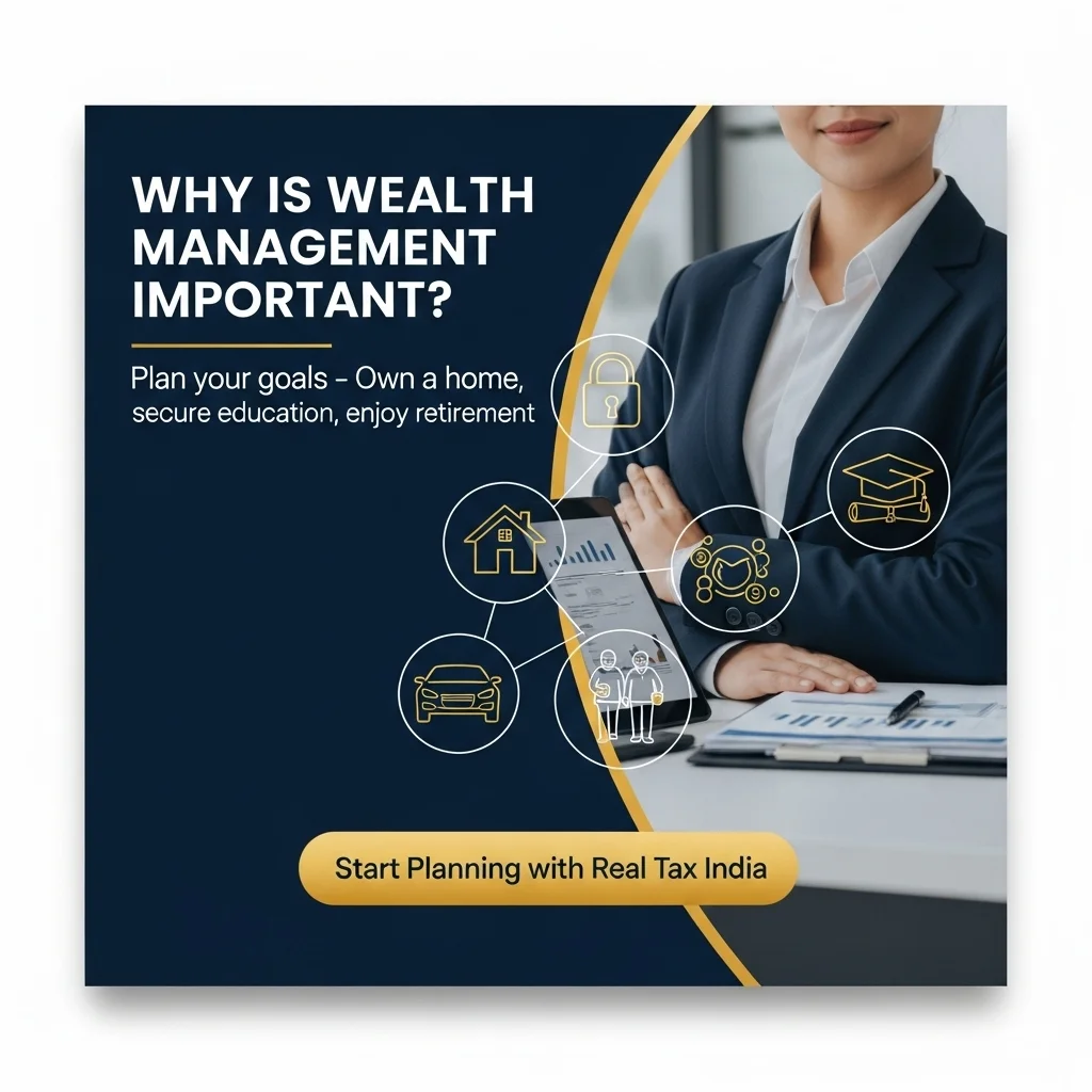 "Professional woman in formal attire holding a tablet with financial charts, surrounded by icons of a house, car, graduation cap, family, and lock, symbolizing wealth management goals. Text reads: 'Why is Wealth Management Important? Plan your goals – Own a home, secure education, enjoy retirement.' Call-to-action button: 'Start Planning with Real Tax India.'"
