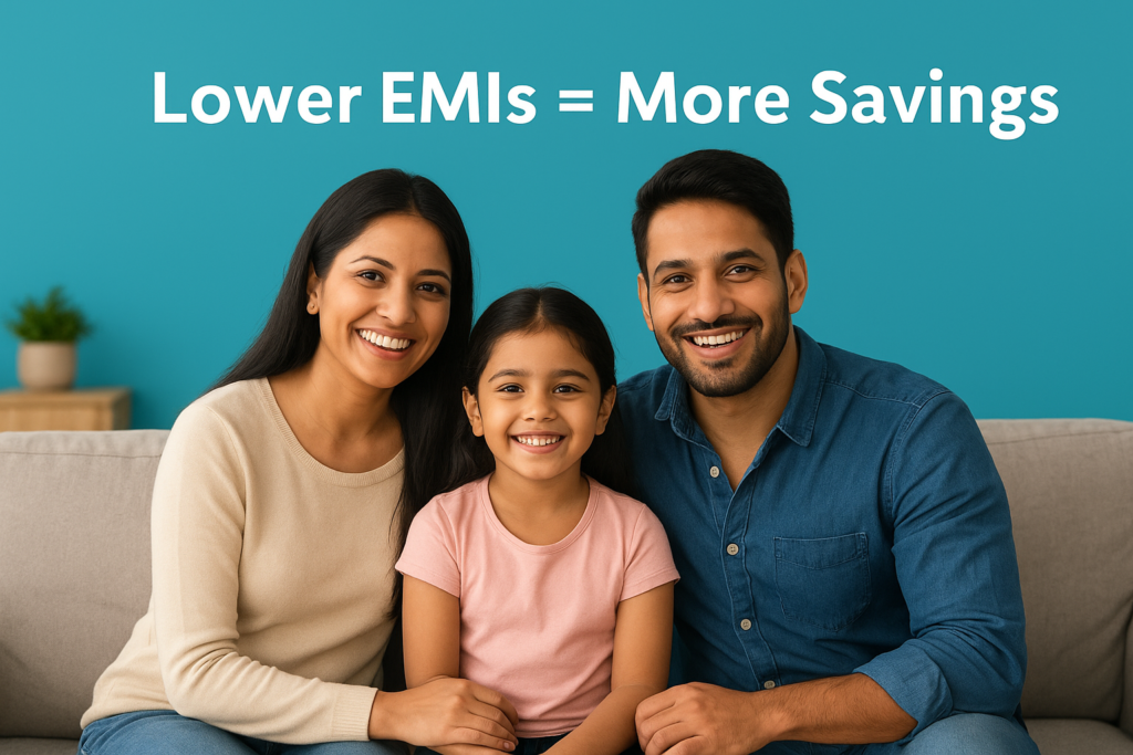 Image Description: A happy Indian family sitting together at home and smiling with happiness, representing financial assistance. Over it is a bold text that reads “Lower EMIs = More Savings”, reflecting RBI's slashing rates and giving a boost to home loans and monthly budget.