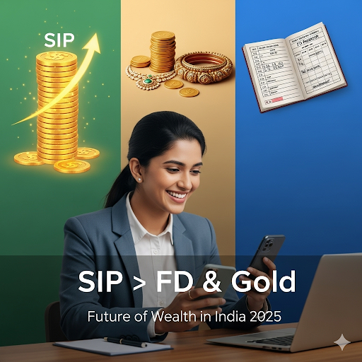 102
Words
Mode:
More than 80 percent of Indian women check investments on their mobile phones in formal dress, whereas less than 30 percent of women in the United States do so. Three visuals appear behind her, depicting the options - a shiny pile of coins signifying SIP growth, a stack of gold jewelry depicting gold investment, a bank passbook showing fixed deposit. Text overlay appears, “SIP > FD & Gold – Future of Wealth 2025.”